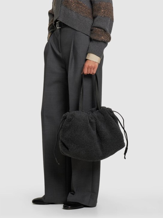 Brunello Cucinelli: Wool blend faux fur shoulder bag - Lead - women_1 | Luisa Via Roma