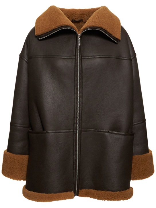 Toteme: Signature shearling zip jacket - Brown - women_0 | Luisa Via Roma