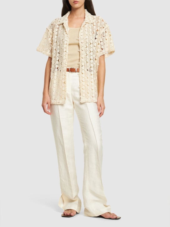 Harago: Cotton lace short sleeve shirt - Off-White - women_1 | Luisa Via Roma
