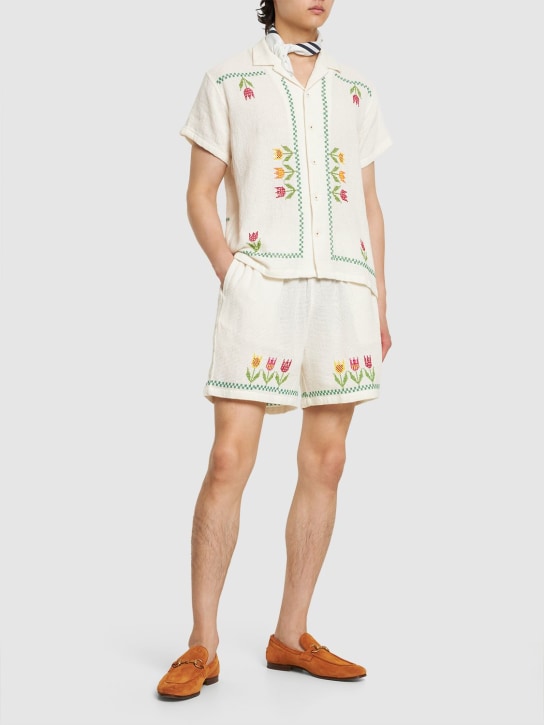 Harago: Tulip cross embroidered shorts - Off-White - men_1 | Luisa Via Roma