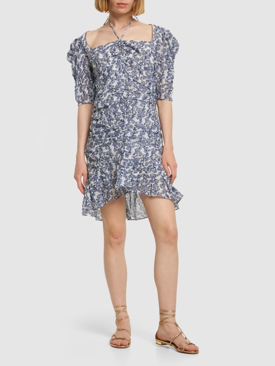 Marant Etoile: Galdino puff sleeve cotton mini dress - Blue/Multi - women_1 | Luisa Via Roma