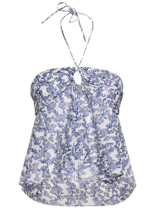 Marant Etoile: Gabao floral print cotton top w/ ruffles - Blue/Multi - women_0 | Luisa Via Roma
