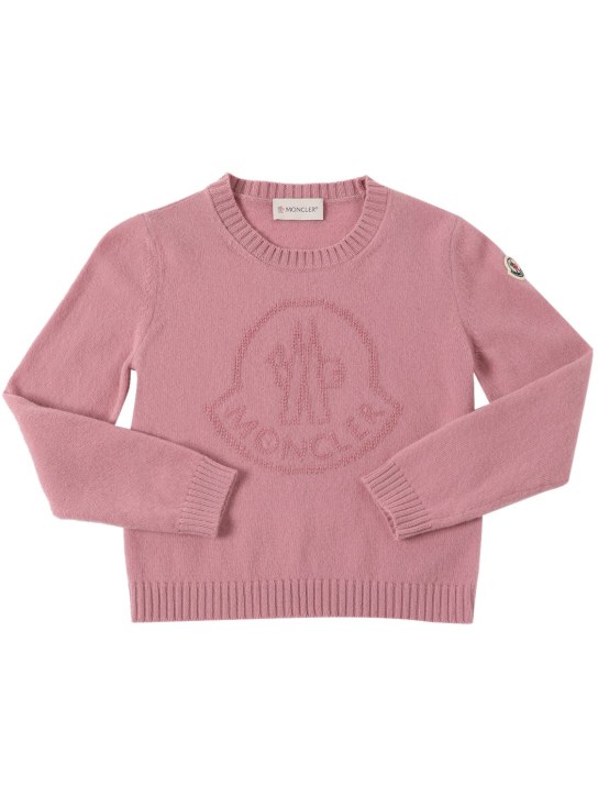 Moncler: Maglia in lana con logo - Rosa Acceso - kids-girls_0 | Luisa Via Roma