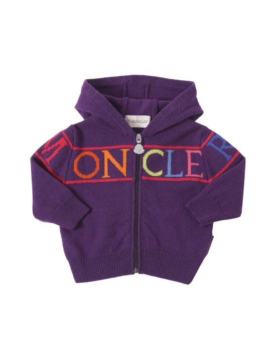 Moncler: Carded wool zipped cardigan - Light Purple - kids-girls_0 | Luisa Via Roma
