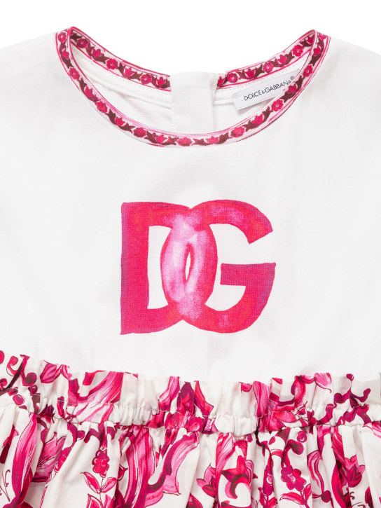 Dolce&Gabbana: Robe en jersey de coton imprimé logo - Blanc/Fuchsia - kids-girls_1 | Luisa Via Roma