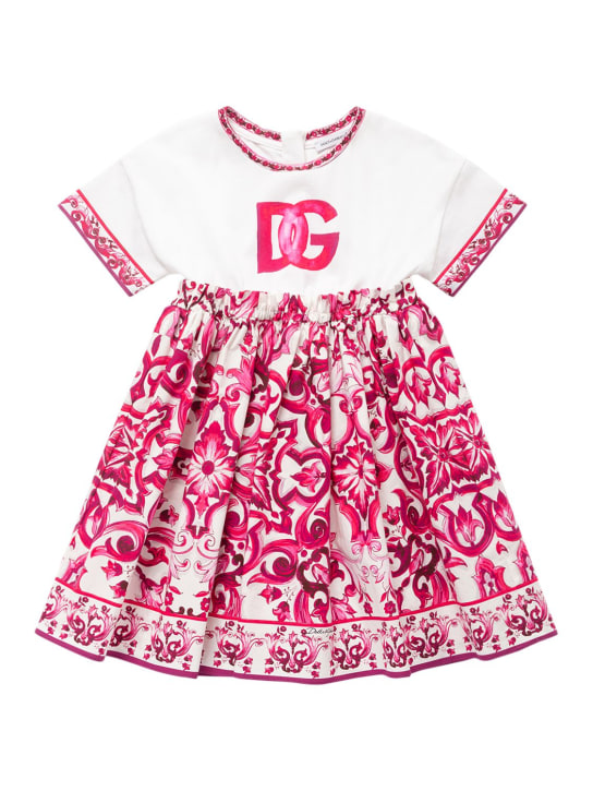 Dolce&Gabbana: Robe en jersey de coton imprimé logo - Blanc/Fuchsia - kids-girls_0 | Luisa Via Roma