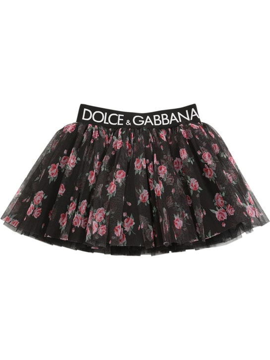 Dolce&Gabbana: Jupe courte en tulle imprimé avec bande logo - Noir - kids-girls_0 | Luisa Via Roma