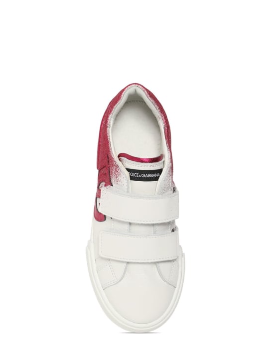Dolce&Gabbana: Sneakers de piel estampada con correas - Blanco/Fucsia - kids-girls_1 | Luisa Via Roma