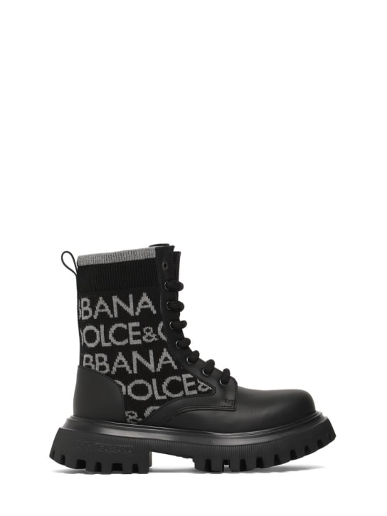 Dolce&Gabbana: Bottes en cuir et maille intarsia à logo - Noir/Gris - kids-boys_0 | Luisa Via Roma