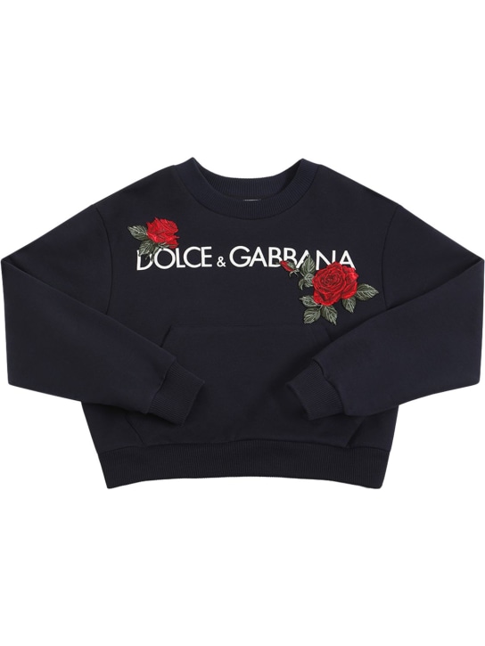 Dolce&Gabbana: Sudadera de algodón con logo estampado - Azul Marino - kids-girls_0 | Luisa Via Roma