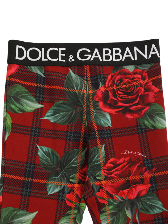 Dolce&Gabbana: Rose print cotton leggings w/logo tape - Black/Red - kids-girls_1 | Luisa Via Roma