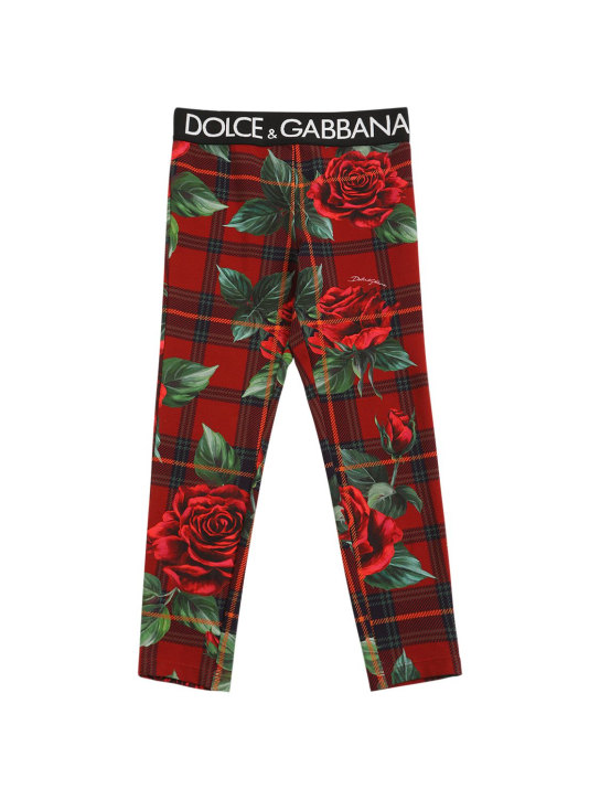 Dolce&Gabbana: Leggings in cotone stampato con logo tape - Nero/Rosso - kids-girls_0 | Luisa Via Roma