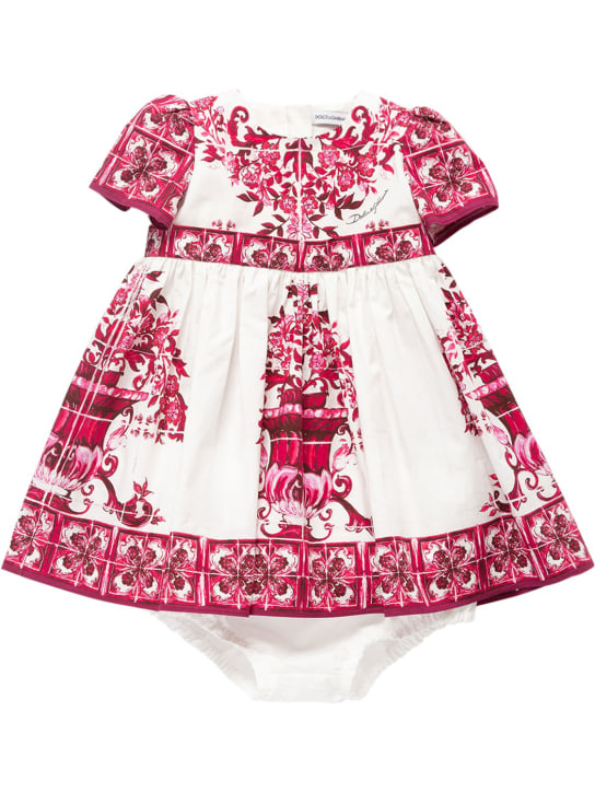 Dolce&Gabbana: Vestito in cotone stampato con culotte - Fucsia/Bianco - kids-girls_0 | Luisa Via Roma