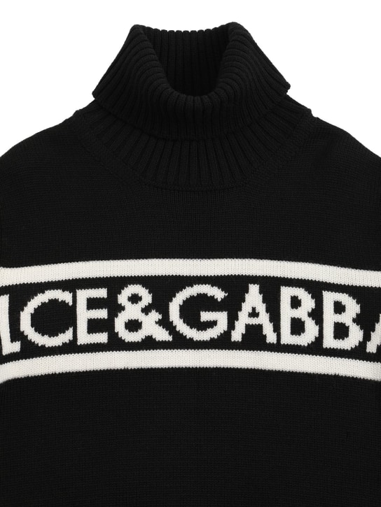 Dolce&Gabbana: Pull-over à col roulé en maille de laine à logo - Noir - kids-boys_1 | Luisa Via Roma