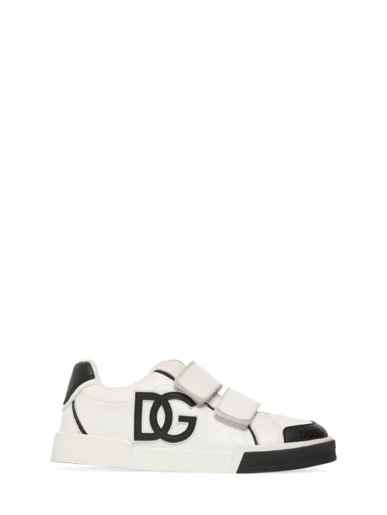 Dolce&Gabbana: Logo印花皮革粘扣运动鞋 - 白色/黑色 - kids-boys_0 | Luisa Via Roma