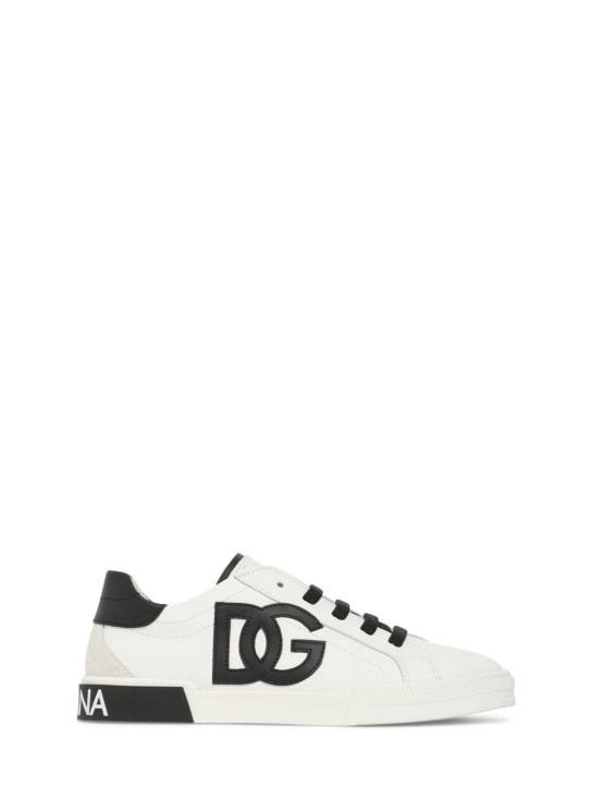 Dolce&Gabbana: Sneakers à lacets en cuir imprimé logo - Blanc/Noir - kids-boys_0 | Luisa Via Roma
