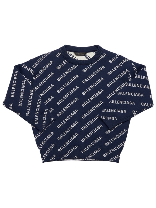 Balenciaga: Logo cotton blend crewneck sweater - Navy/White - kids-boys_0 | Luisa Via Roma