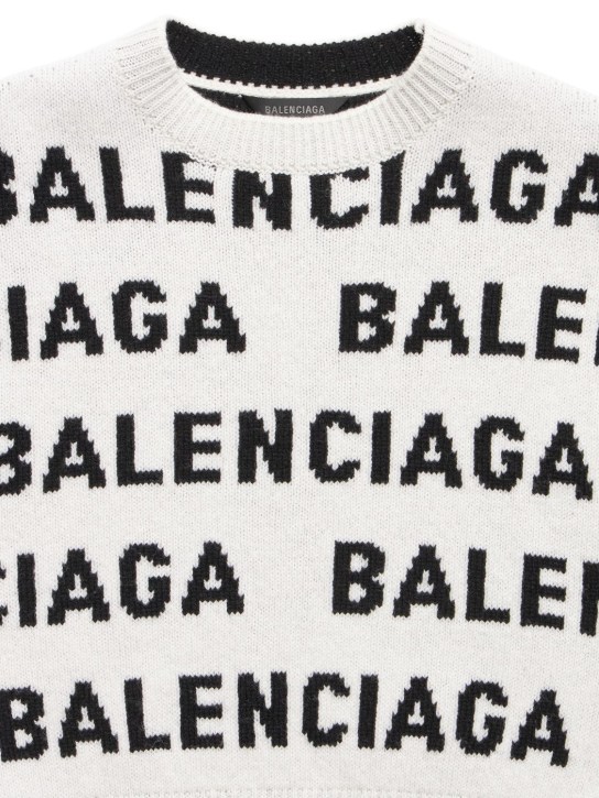 Balenciaga: Maglia girocollo in lana / logo - Bianco/Nero - kids-girls_1 | Luisa Via Roma