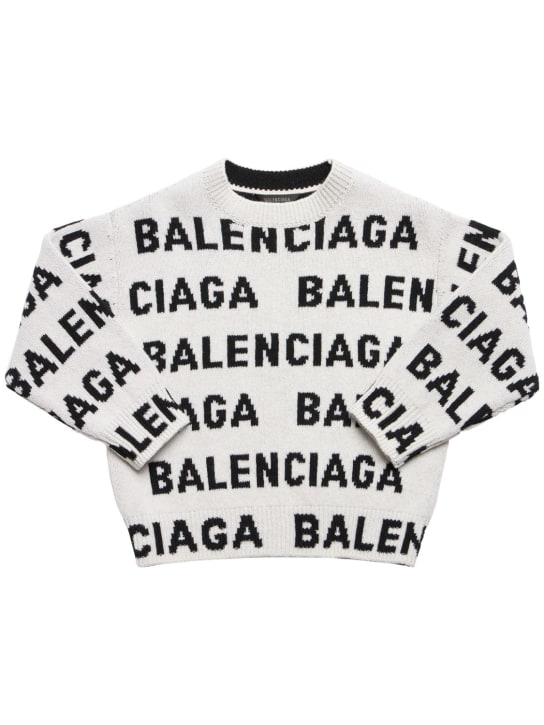 Balenciaga: Maglia girocollo in lana / logo - Bianco/Nero - kids-girls_0 | Luisa Via Roma