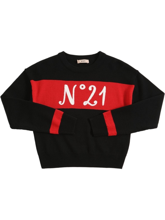 N°21: Pull en maille de laine mélangée intarsia à logo - Noir/Rouge - kids-girls_0 | Luisa Via Roma