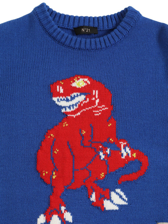 N°21: Dino intarsia wool blend knit sweater - Royal Blue - kids-boys_1 | Luisa Via Roma
