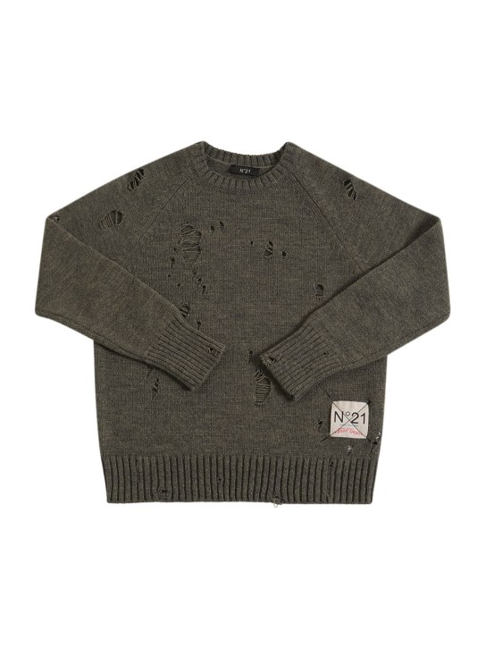 N°21: Distressed wool blend knit sweater - Green - kids-boys_0 | Luisa Via Roma