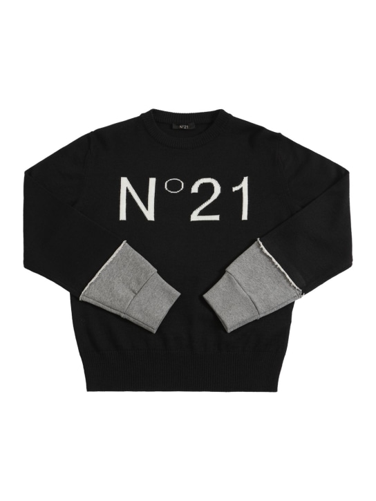 N°21: Pull en maille de laine mélangée intarsia à logo - Noir/Gris - kids-boys_0 | Luisa Via Roma