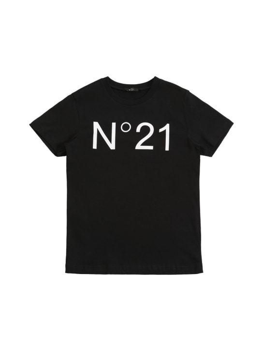 N°21: Rubberized logo cotton jersey t-shirt - Negro - kids-girls_0 | Luisa Via Roma