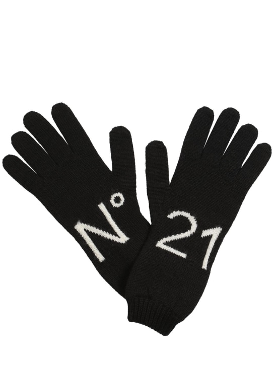 N°21: Logo intarsia wool blend gloves - Schwarz - kids-girls_0 | Luisa Via Roma
