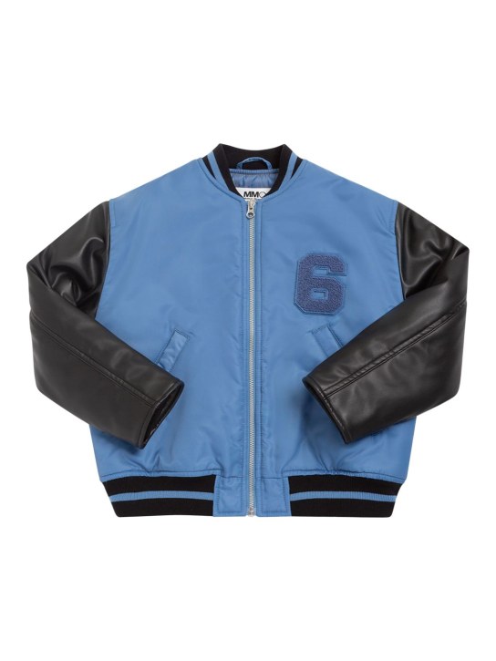 MM6 Maison Margiela: Faux leather & nylon bomber jacket - Light Blue/Black - kids-boys_0 | Luisa Via Roma