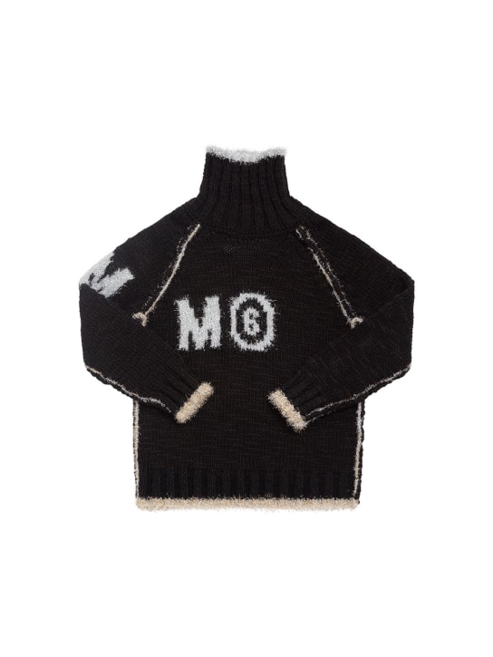 MM6 Maison Margiela: Pull en maille de laine mélangée intarsia à logo - Noir - kids-girls_0 | Luisa Via Roma