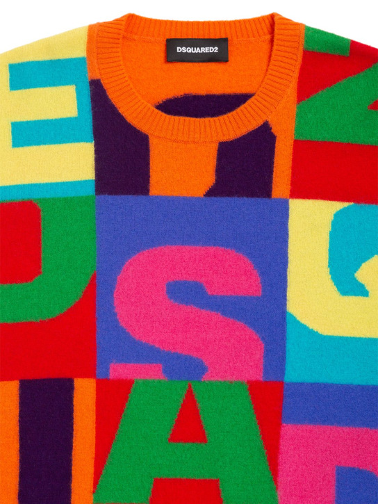 Dsquared2: Pull-over en maille de laine intarsia à logo - Multicolore - kids-boys_1 | Luisa Via Roma