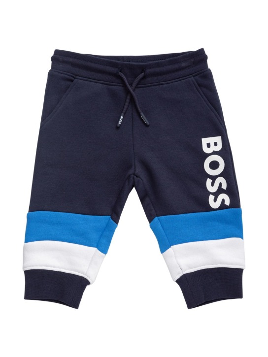 Boss: Jogging en coton mélangé imprimé logo - Bleu Marine - kids-boys_0 | Luisa Via Roma