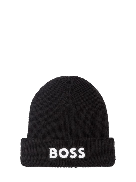Boss: Bonnet en maille avec patch logo - Noir - kids-boys_0 | Luisa Via Roma