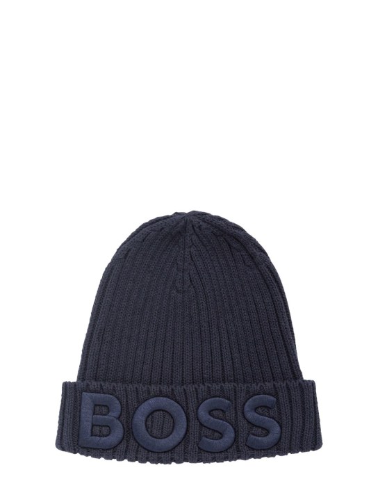 Boss: Bonnet en maille de coton à logo brodé - Bleu Marine - kids-boys_0 | Luisa Via Roma
