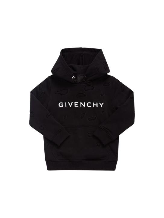 Givenchy: Sweat-shirt en coton usé à capuche - Noir - kids-girls_0 | Luisa Via Roma
