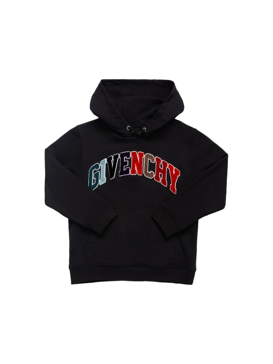 Givenchy: Cotton sweatshirt hoodie w/ logo patch - Black - kids-boys_0 | Luisa Via Roma