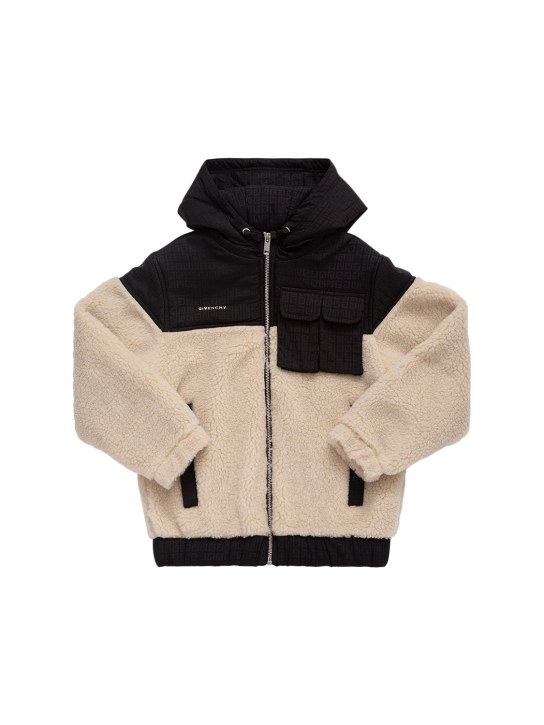 Givenchy: Logo nylon & teddy puffer jacket - Black/Beige - kids-girls_1 | Luisa Via Roma