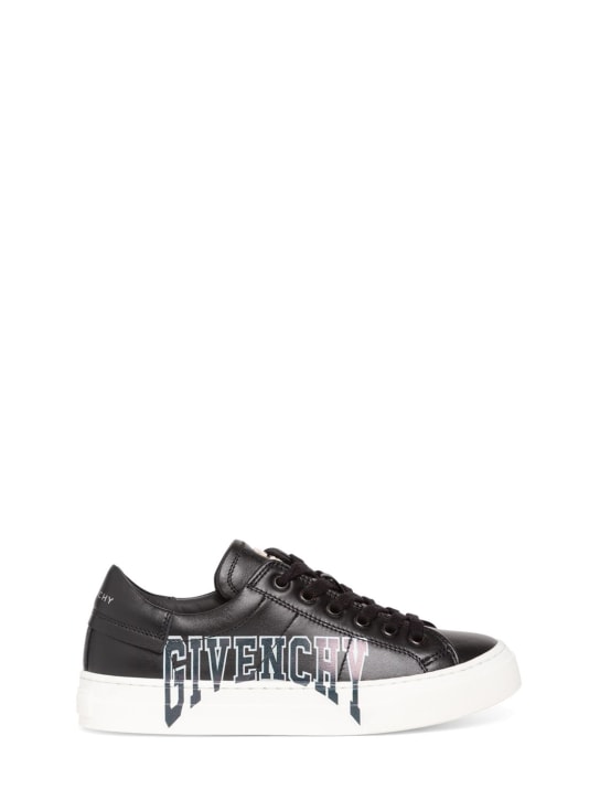 Givenchy: Logo印花皮革系带运动鞋 - 黑色 - kids-boys_0 | Luisa Via Roma