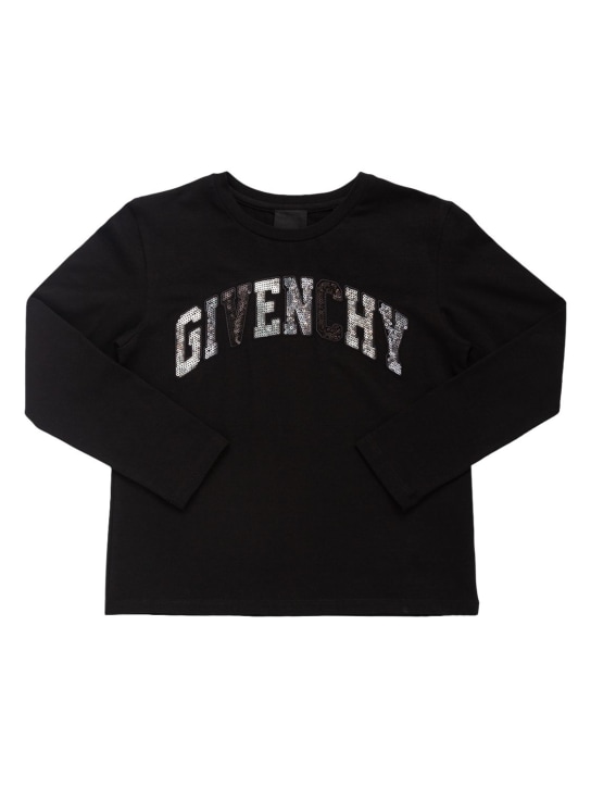 Givenchy: T-shirt en jersey de coton à logo avec sequins - Noir - kids-girls_0 | Luisa Via Roma