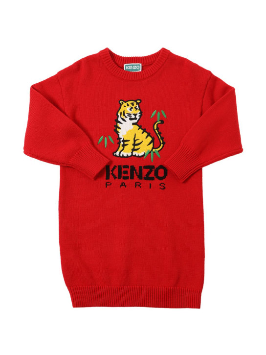 Kenzo Kids: Robe en maille de laine et coton à logo - Rouge - kids-girls_0 | Luisa Via Roma