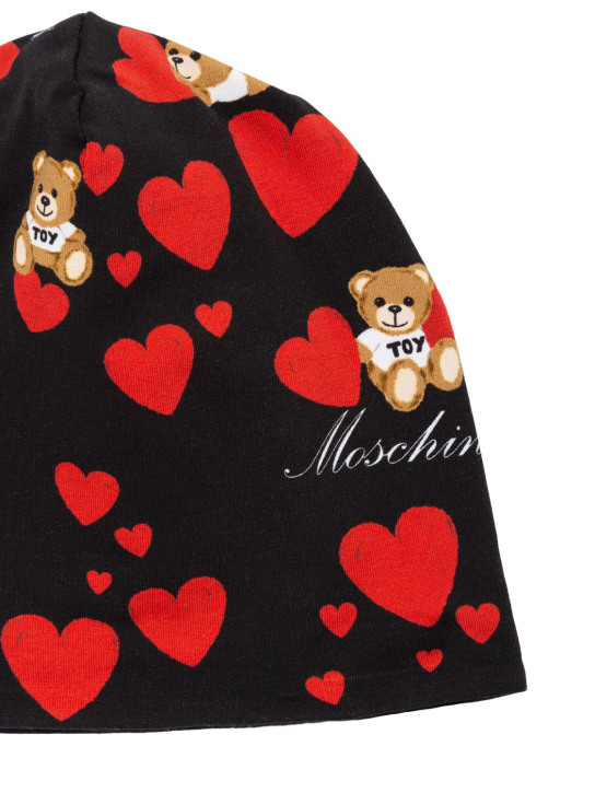 Moschino: Bonnet en molleton de coton imprimé cœurs - Noir/Rouge - kids-girls_1 | Luisa Via Roma