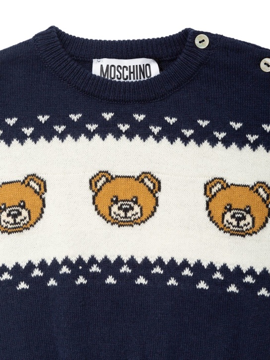 Moschino: Suéter de punto de algodón y lana jacquard - Azul Marino - kids-boys_1 | Luisa Via Roma