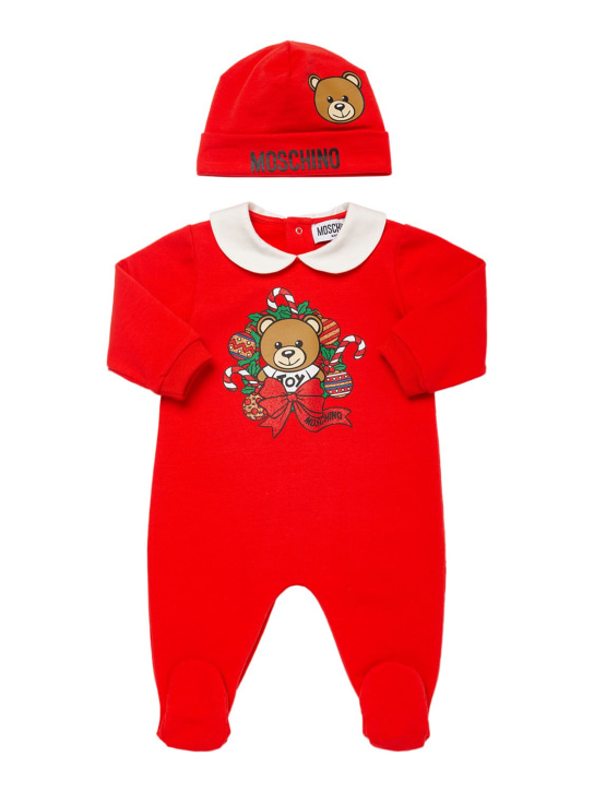 Moschino: Barboteuse & bonnet en coton imprimé - Rouge - kids-boys_0 | Luisa Via Roma