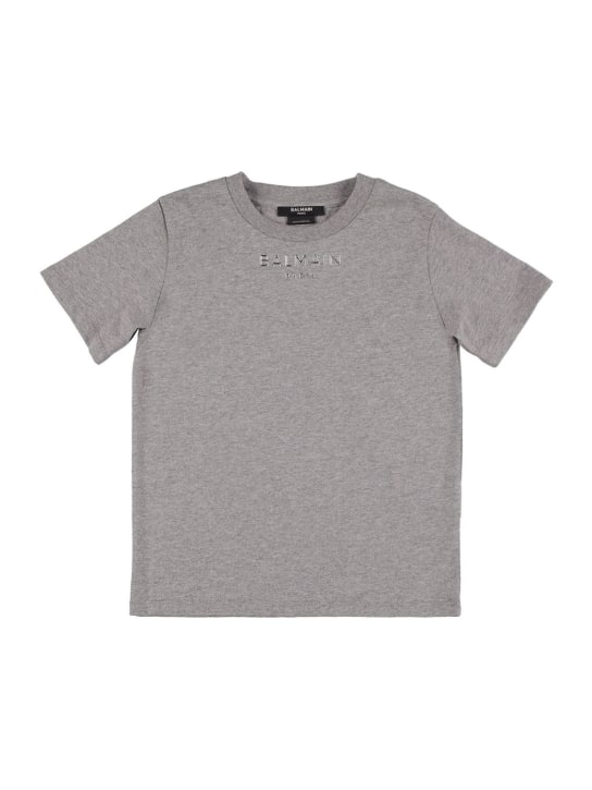 Balmain: Camiseta de jersey de algodón orgánico con logo - kids-boys_0 | Luisa Via Roma