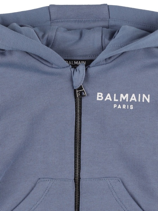 Balmain: Organic cotton zip-up hoodie w/logo - Light Blue - kids-boys_1 | Luisa Via Roma