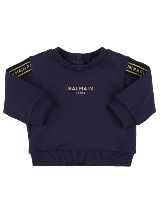 Balmain: Organic cotton sweatshirt w/logo - Navy - kids-girls_0 | Luisa Via Roma