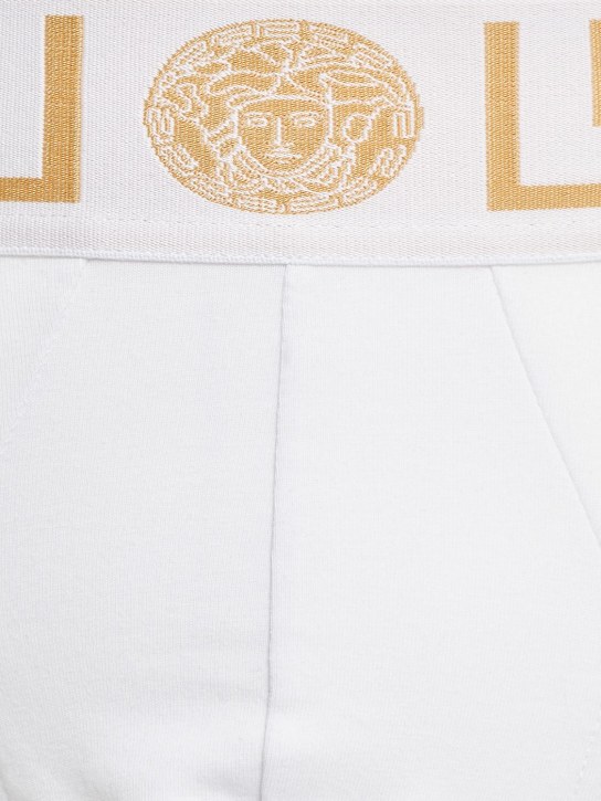 Versace Underwear: Logo stretch jersey briefs - White/Gold - men_1 | Luisa Via Roma