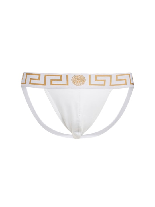 Versace Underwear: Slip ajouré en jersey stretch à logo - Blanc/Or - men_0 | Luisa Via Roma