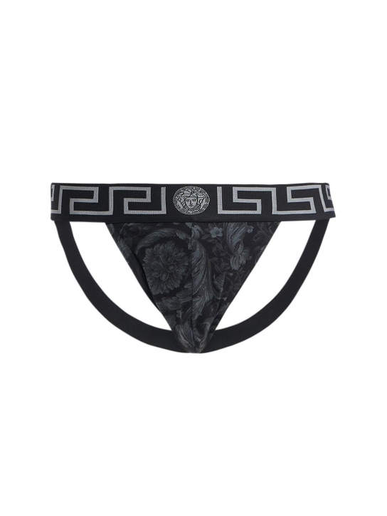 Versace Underwear: Barocco print stretch cotton jock strap - Black/Grey - men_0 | Luisa Via Roma